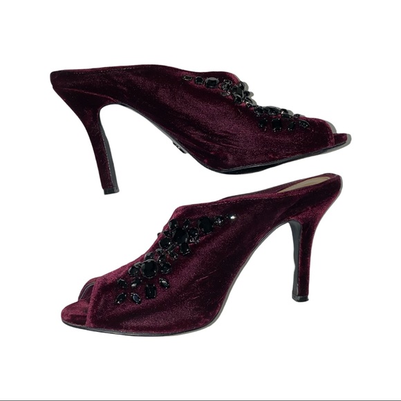 Micheal Kors Burgundy Velvet Mules with Black Flower Jewel Detail - Picture 5 of 9